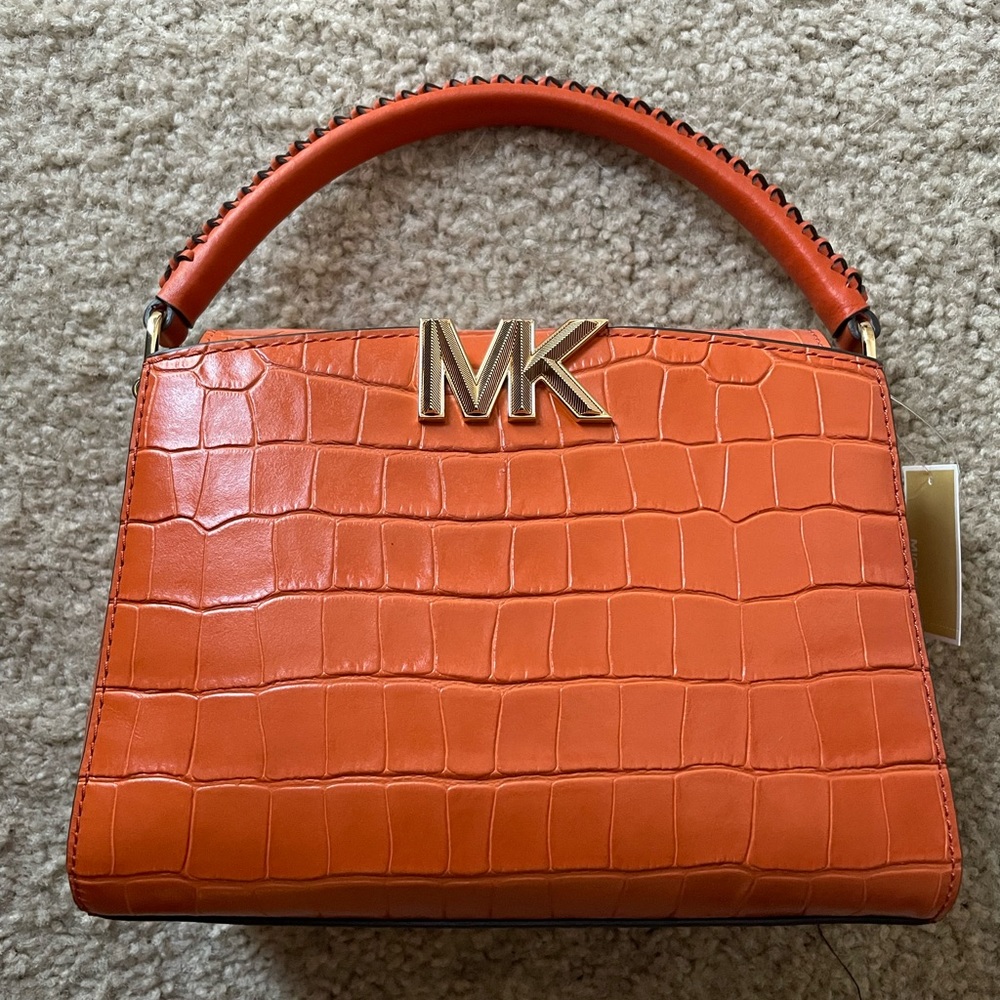 Michael Kors Orange Spice Karlie Small Crocodile Embossed Leather Crossbody Bag